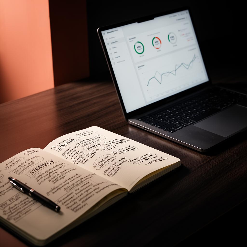Caderno de estratégia ao lado de dashboard de indicadores